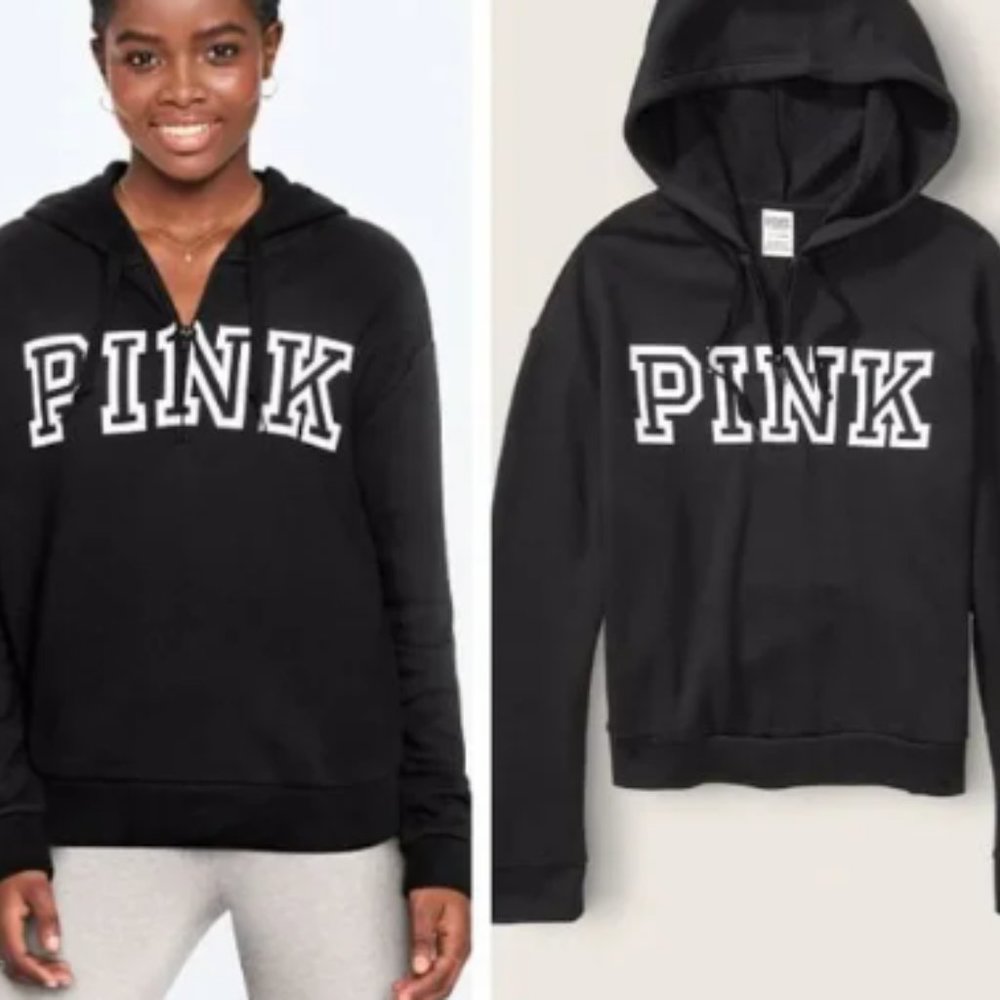 VICTORIAS SECRET PINK EVERYDAY LOUNGE QUARTER ZIP PULLOVER CLASSIC LOGO HOODIE